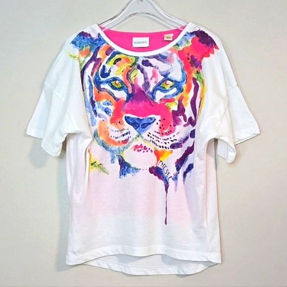 Diesel Kids Watercolour Tiger Print T-Shirt W/ Pink Built-in Tank, Size 5 ~ EUC - Picture 3 of 7